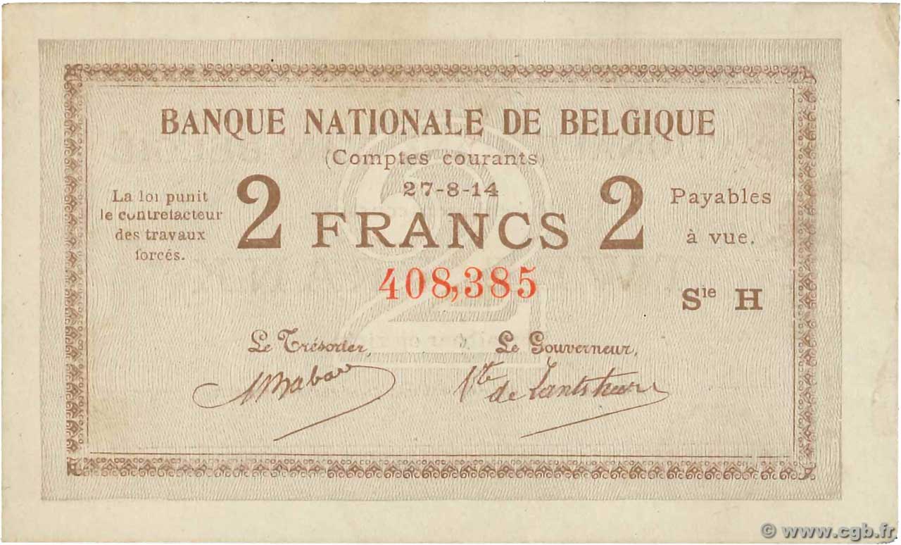 2 Francs BELGIQUE  1914 P.082 SUP+