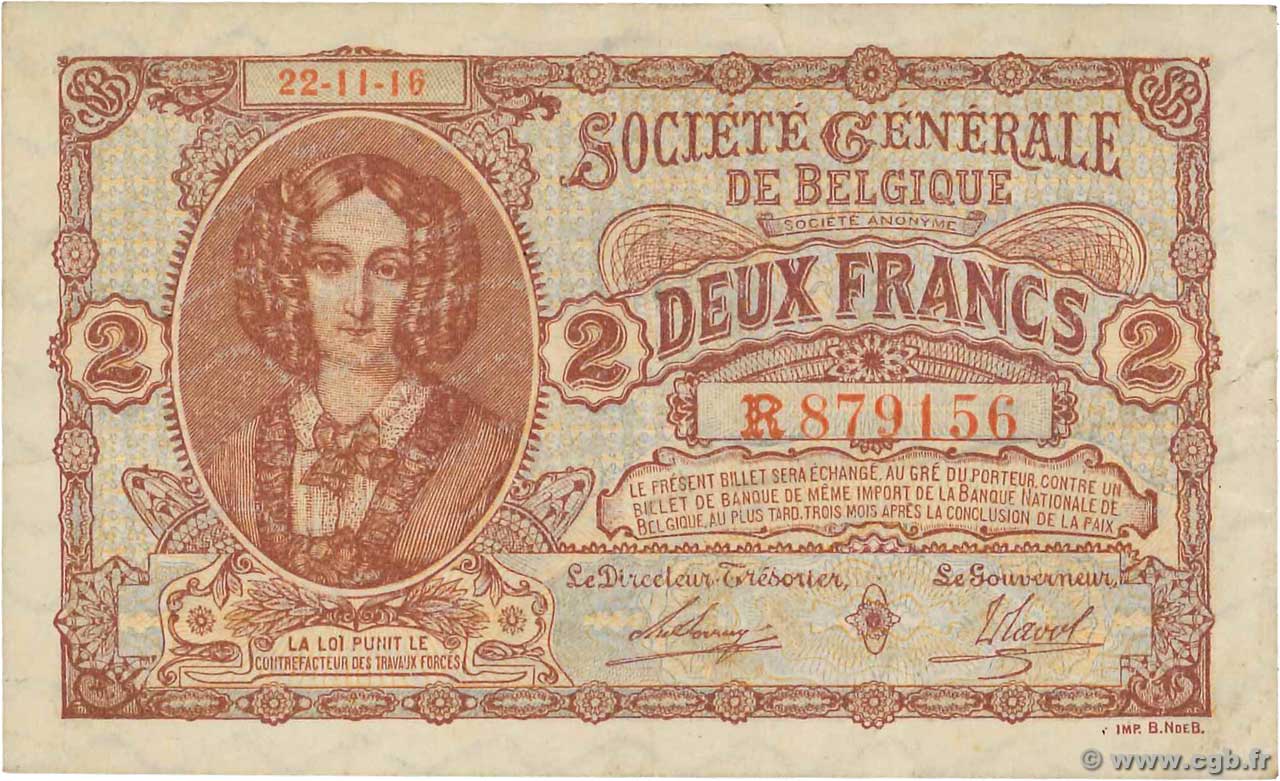 2 Francs BELGIUM  1916 P.087 XF-
