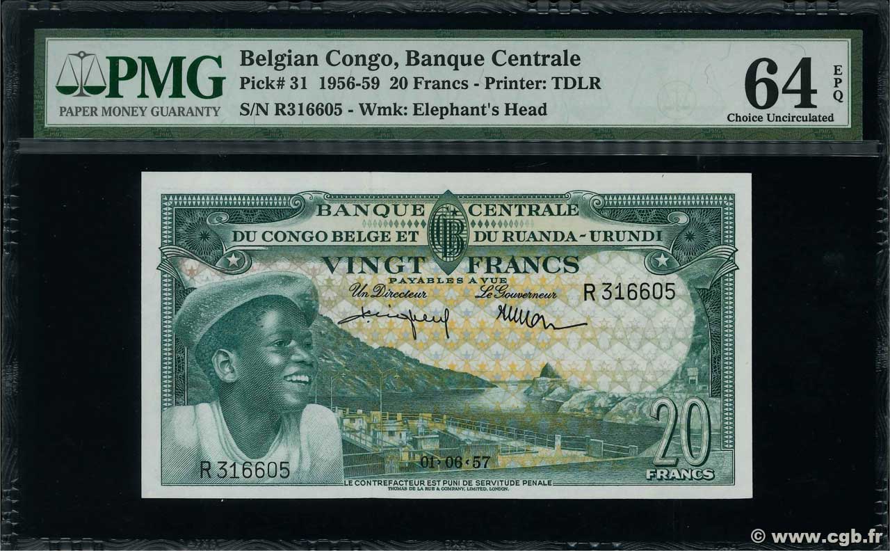 20 Francs CONGO BELGE  1957 P.31 pr.NEUF
