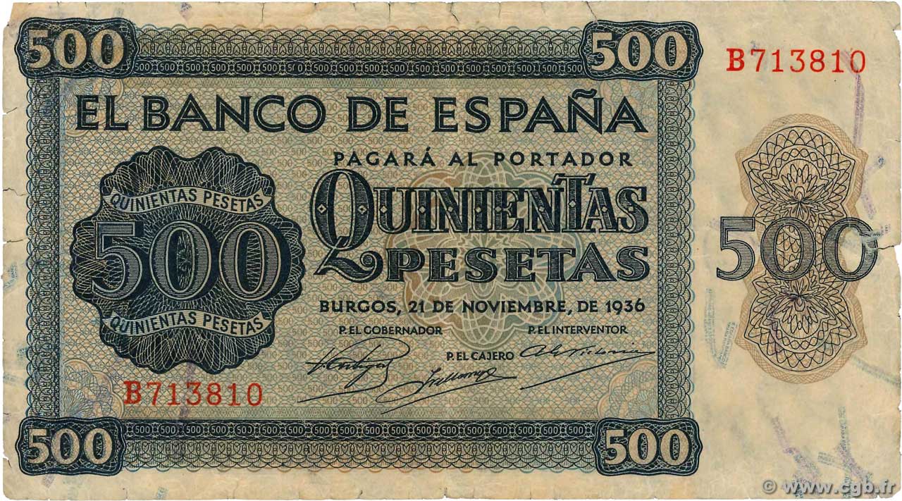 500 Pesetas SPAIN  1936 P.102a G