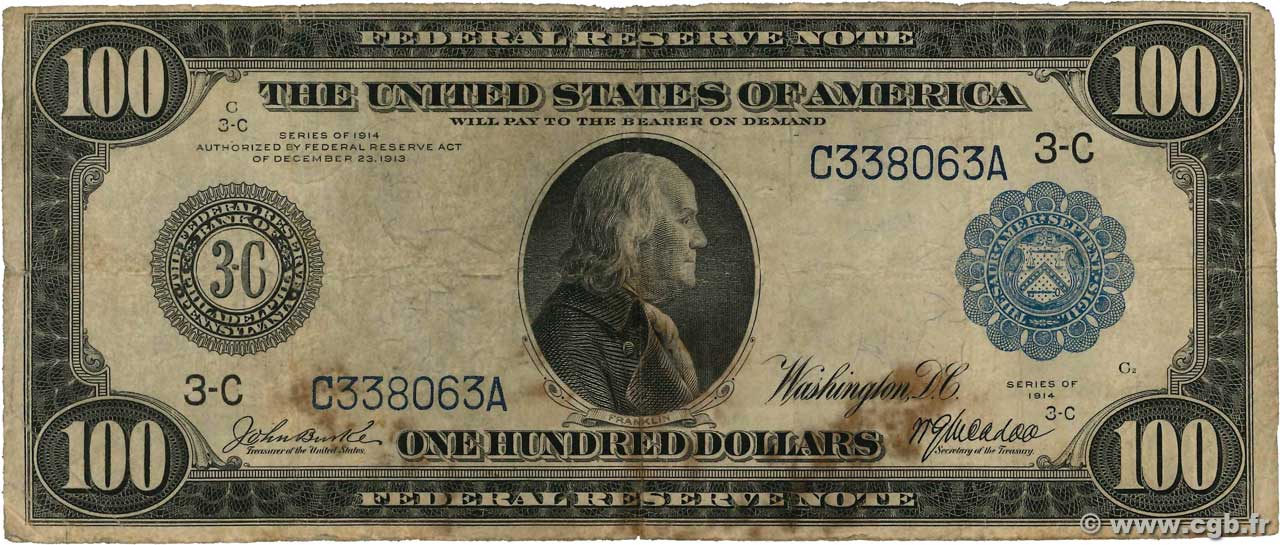 100 Dollars STATI UNITI D AMERICA Philadelphie 1914 P.363bC B