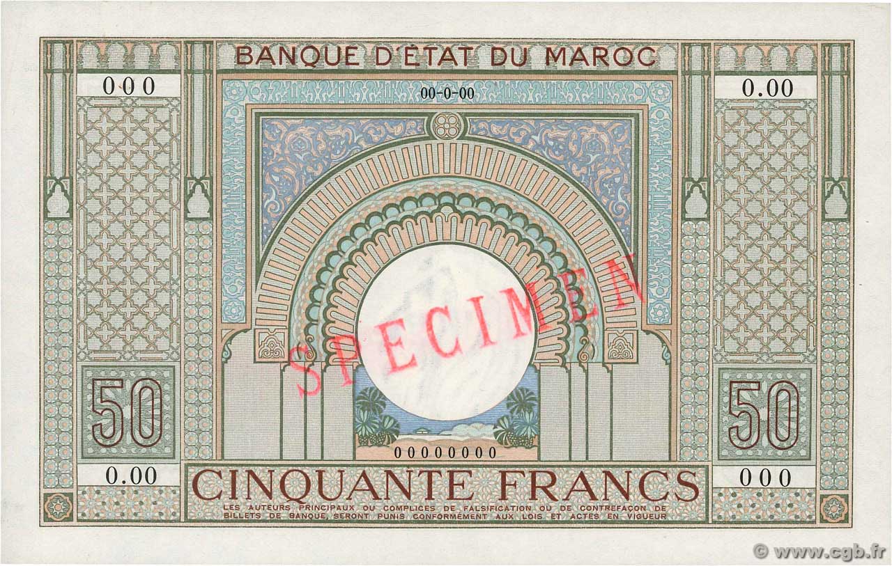 50 Francs Spécimen MAROCCO  1935 P.21s AU