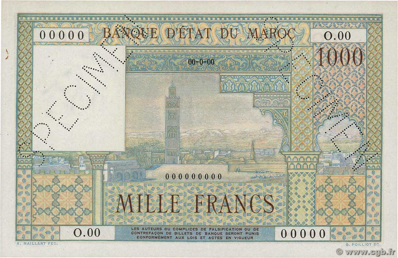 1000 Francs Spécimen MOROCCO  1951 P.47s XF+