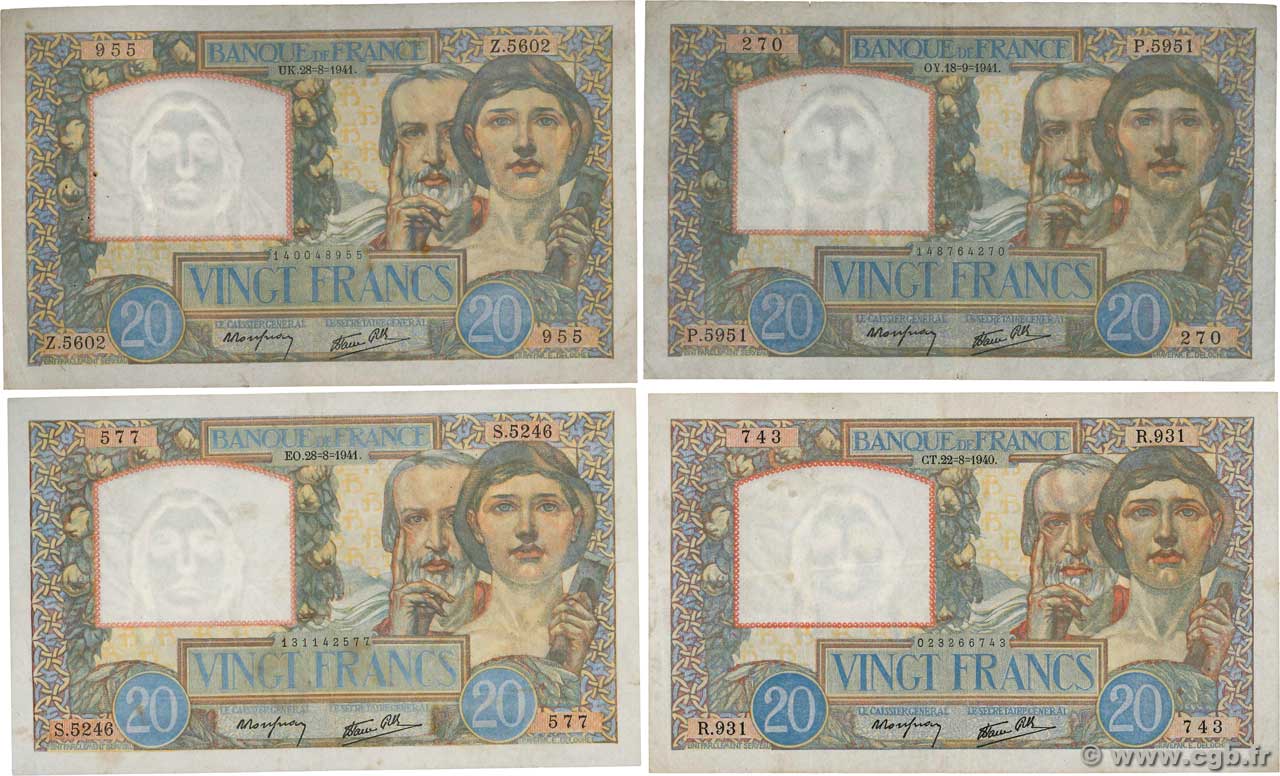 20 Francs TRAVAIL ET SCIENCE Lot FRANCE  1940 F.12.lot VF