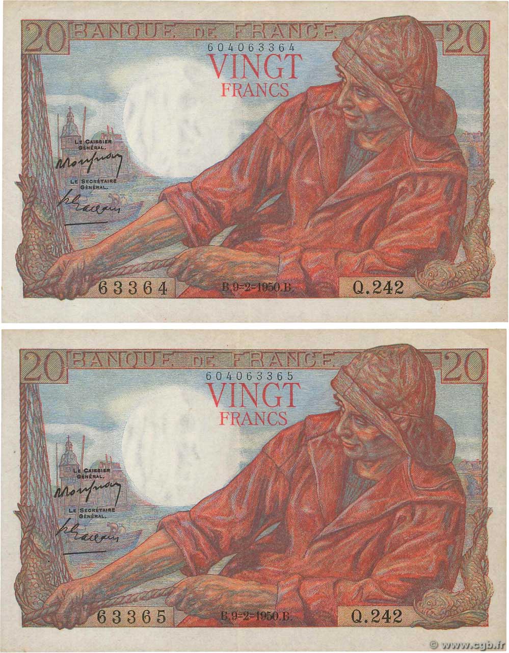 20 Francs PÊCHEUR Consécutifs FRANCIA  1950 F.13.17 SPL