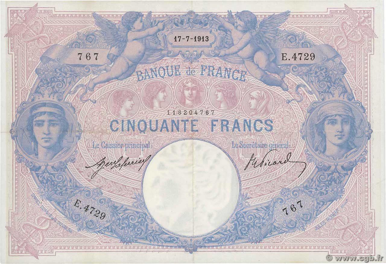 50 Francs BLEU ET ROSE FRANCE  1913 F.14.26 XF-