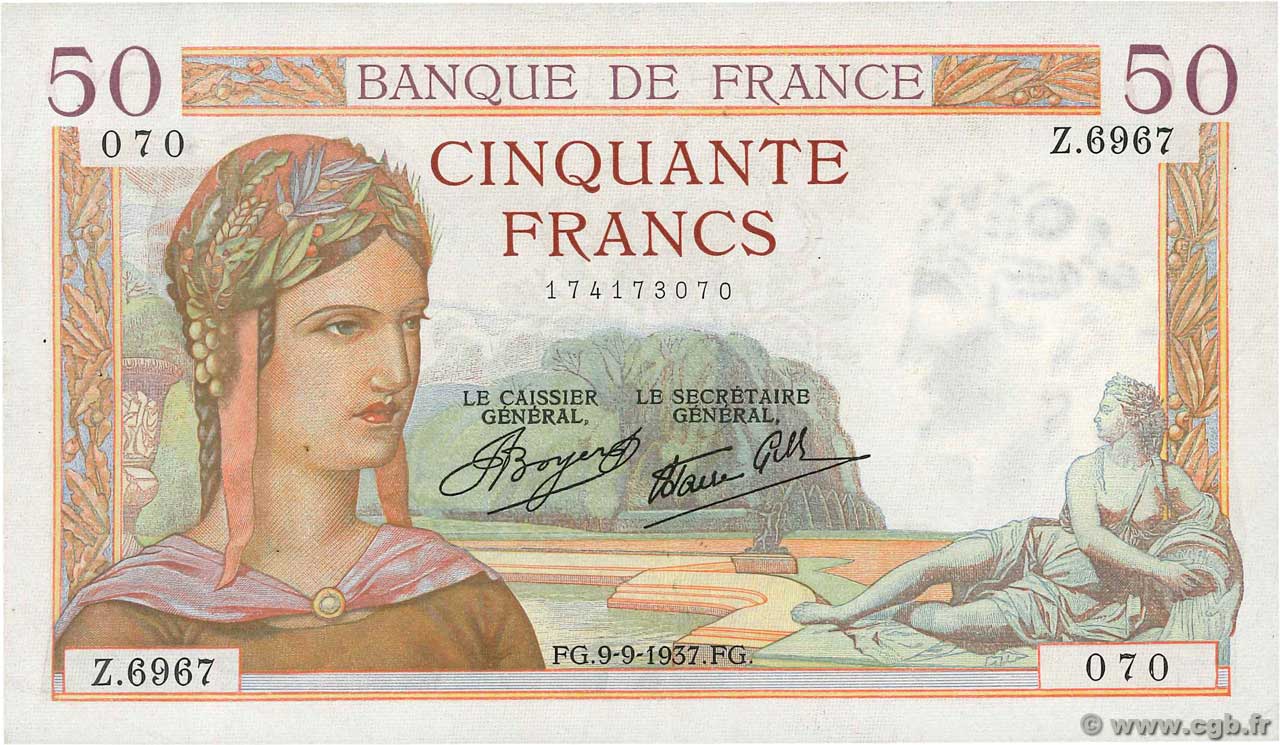 50 Francs CÉRÈS modifié FRANCIA  1937 F.18.03 SPL