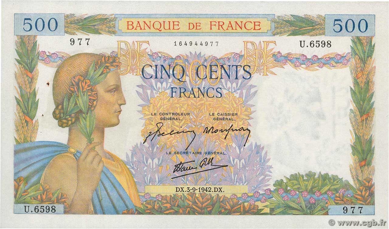 500 Francs LA PAIX FRANCIA  1942 F.32.39 EBC+