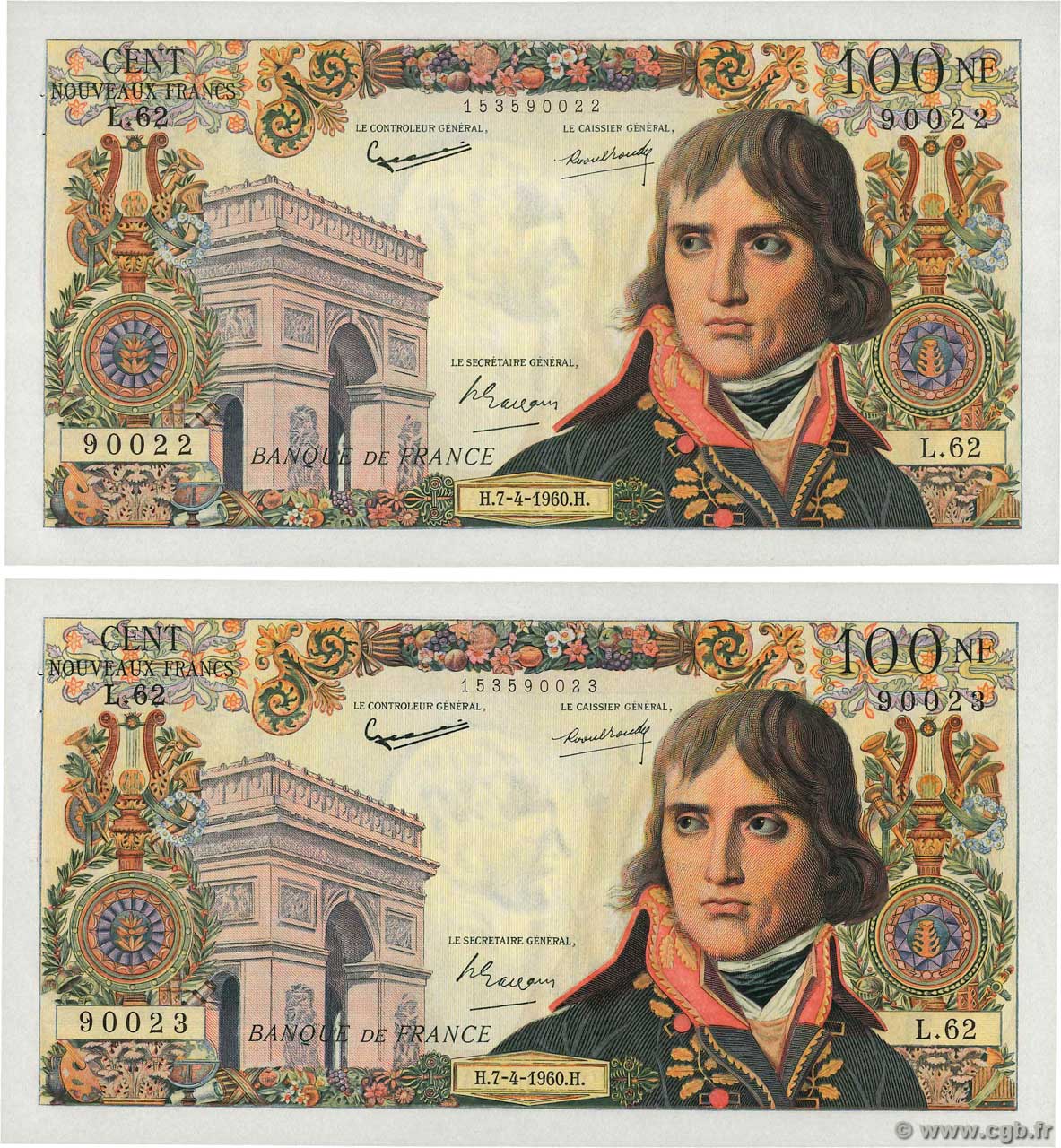 100 Nouveaux Francs BONAPARTE Consécutifs FRANCIA  1960 F.59.06 EBC+