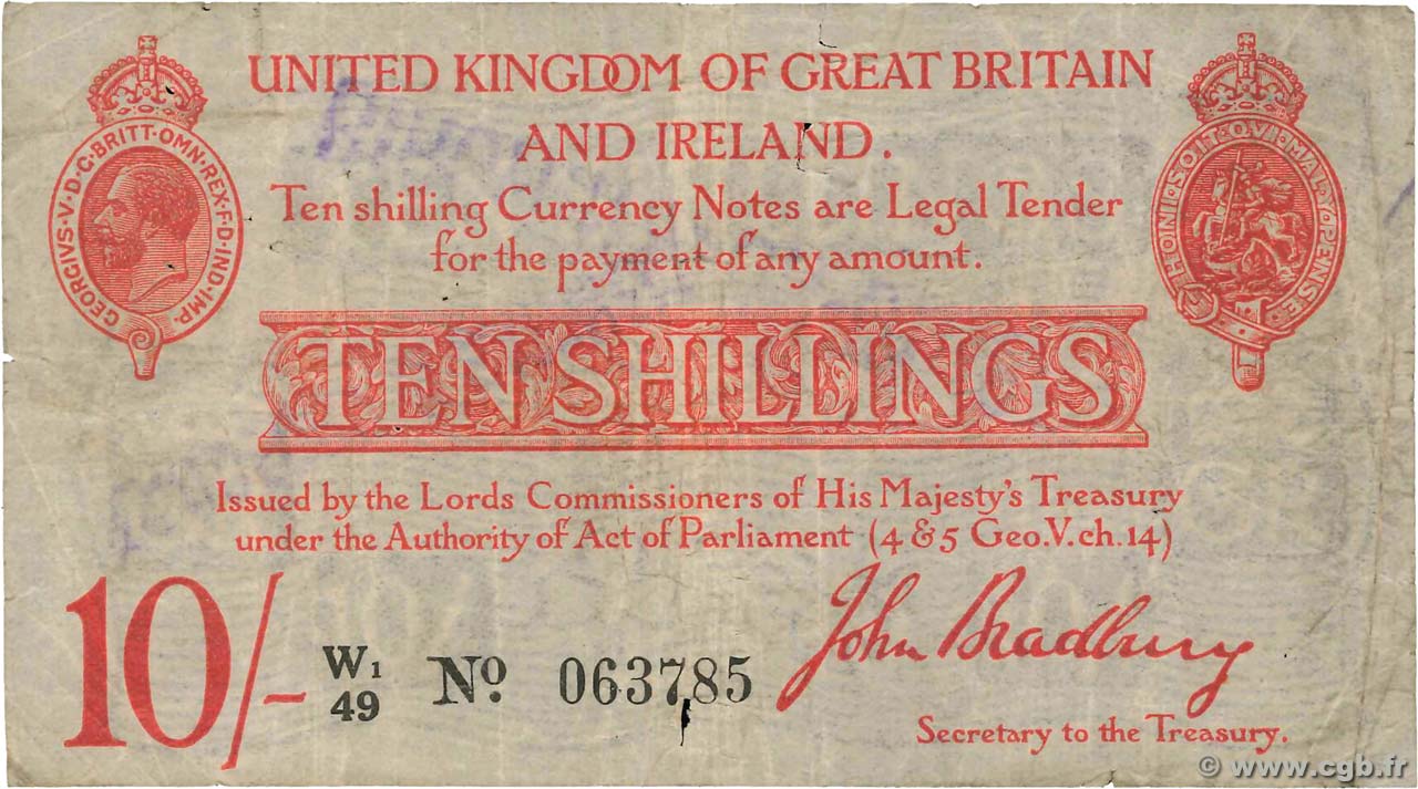 10 Shillings ENGLAND  1915 P.348 VG