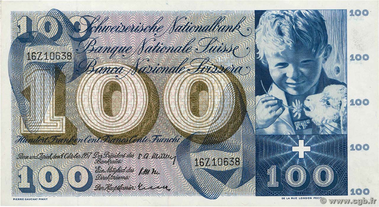 100 Francs SUISSE  1957 P.49b fST