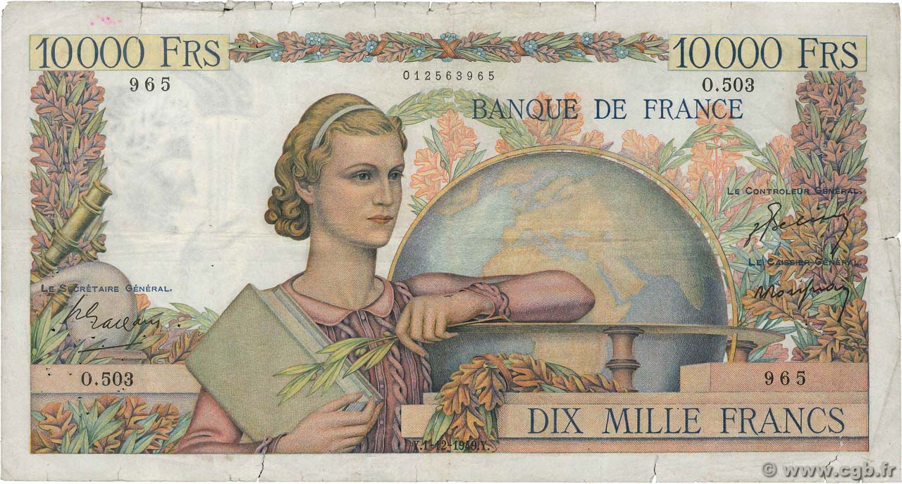10000 Francs GÉNIE FRANÇAIS FRANCE  1949 F.50.21 VG