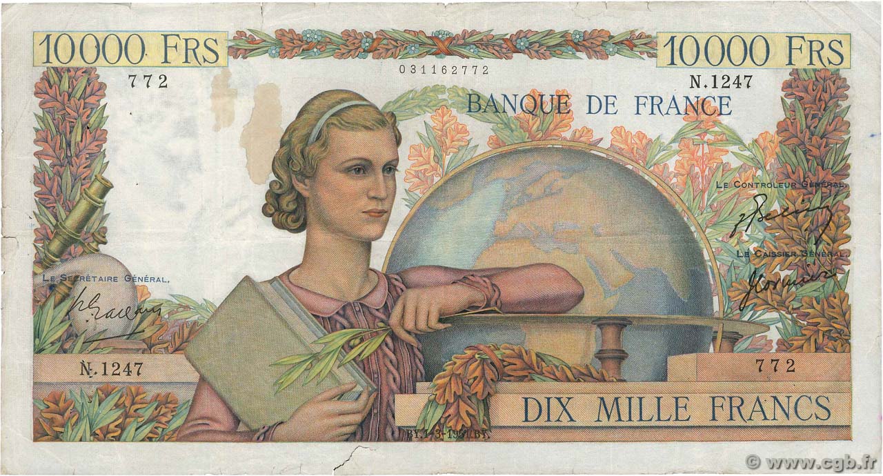 10000 Francs GÉNIE FRANÇAIS FRANCIA  1951 F.50.48 q.MB