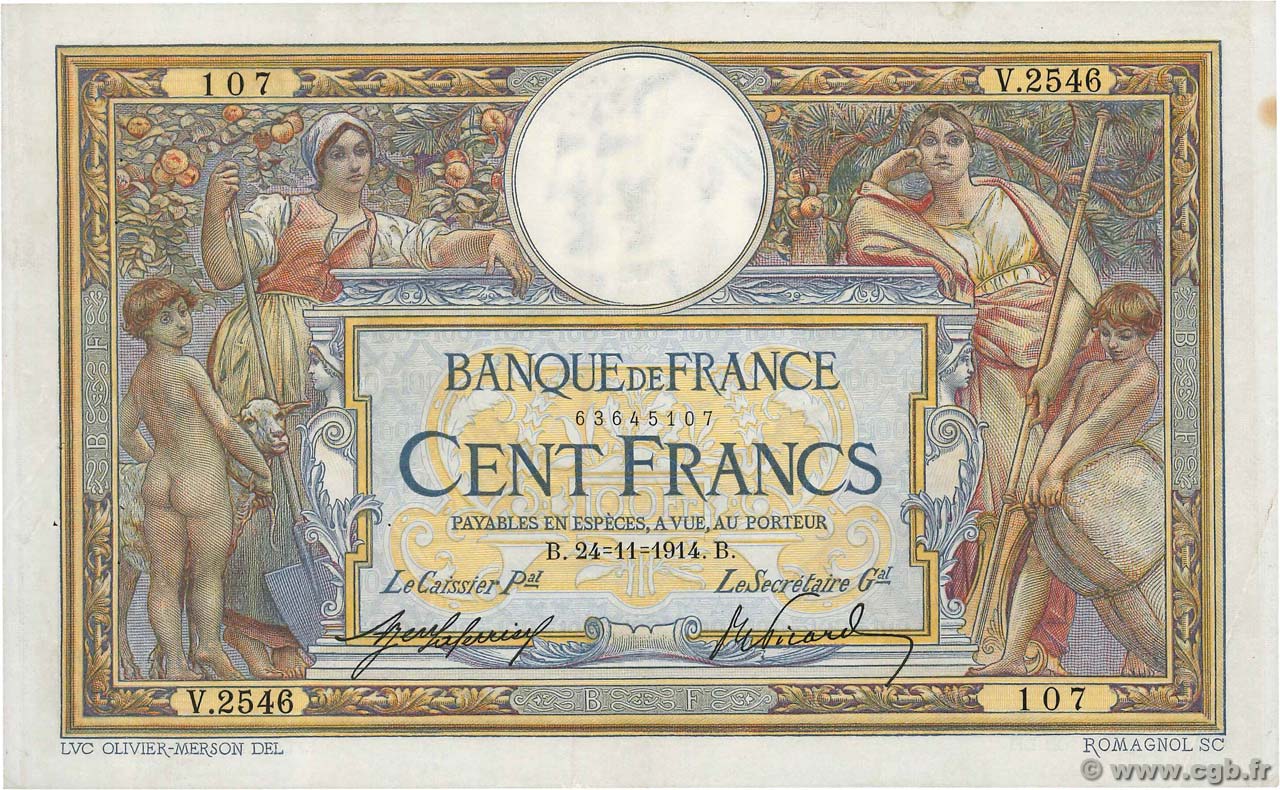 100 Francs LUC OLIVIER MERSON sans LOM FRANCE  1914 F.23.06 TTB+