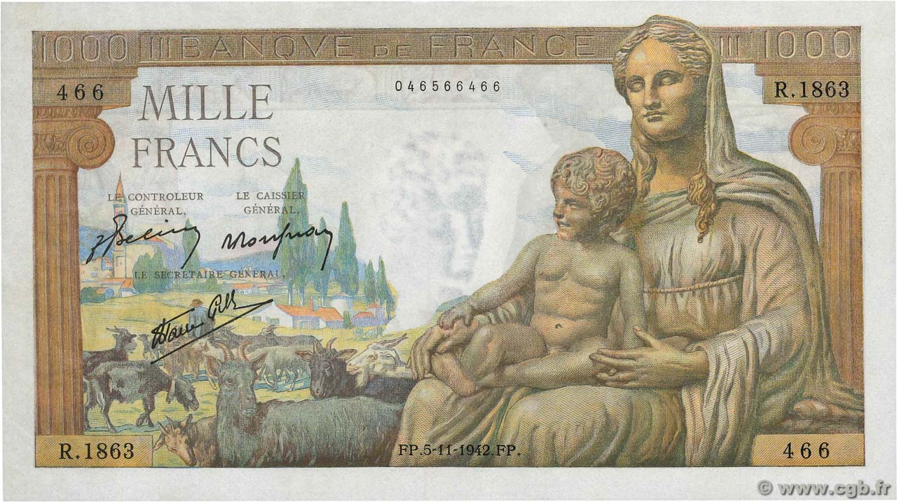 1000 Francs DÉESSE DÉMÉTER FRANCIA  1942 F.40.10 q.FDC
