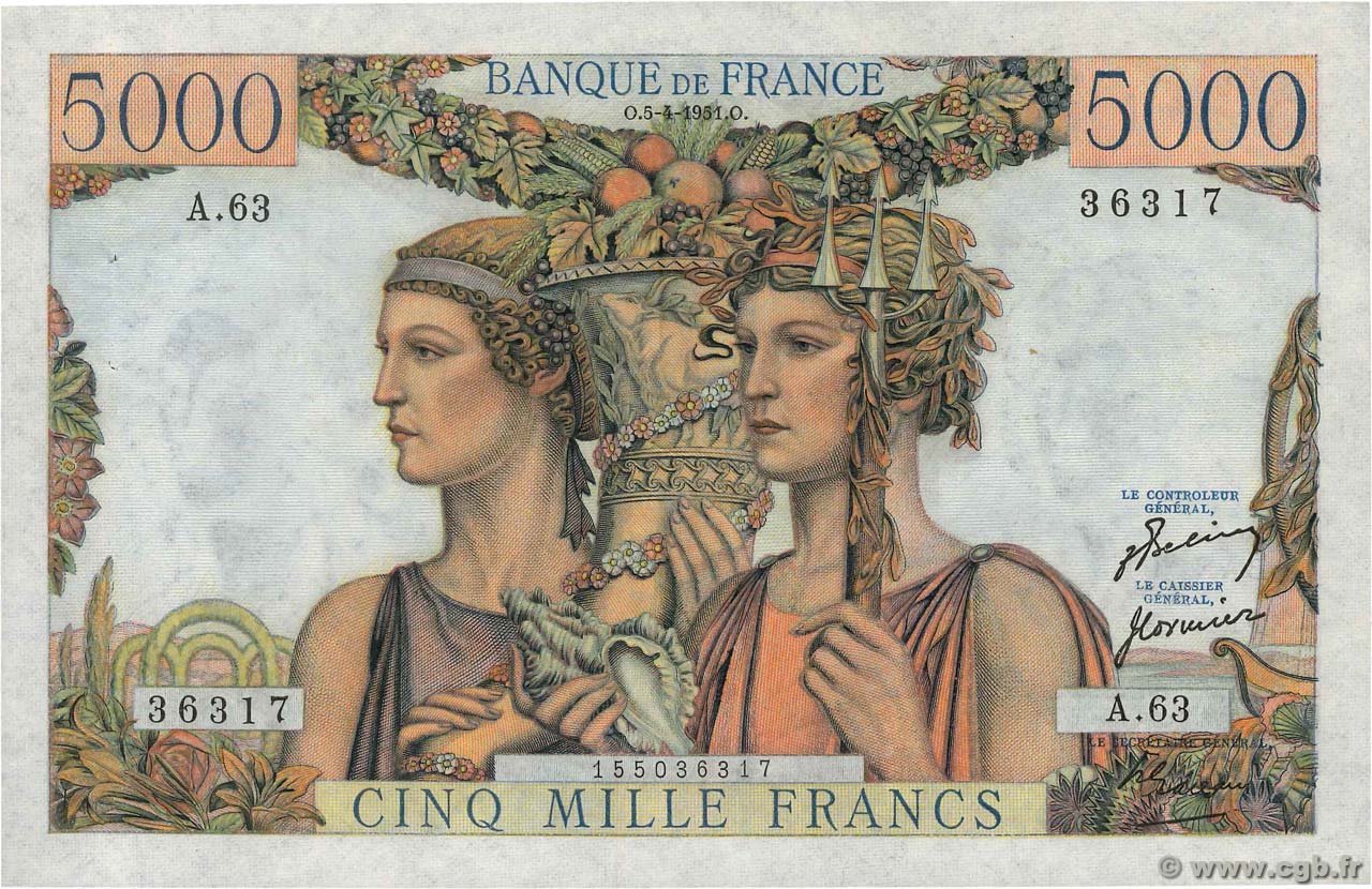 5000 Francs TERRE ET MER FRANCE  1951 F.48.04 SUP