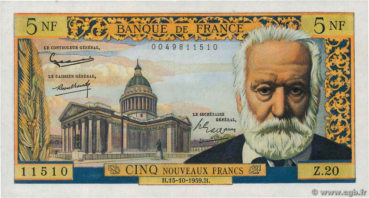 5 Nouveaux Francs VICTOR HUGO FRANCE  1959 F.56.03 SUP+