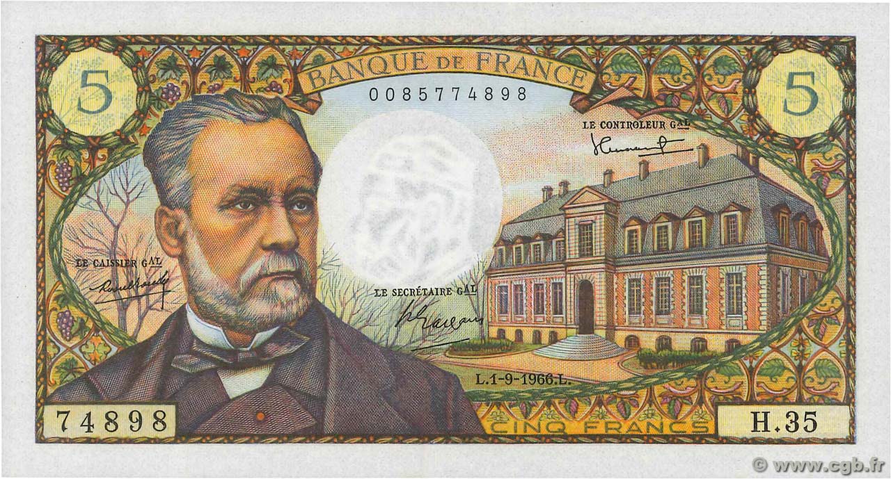 5 Francs PASTEUR FRANCIA  1966 F.61.03 AU+