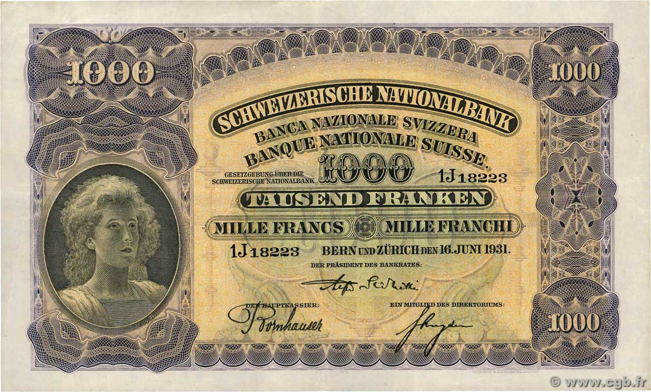 1000 Francs SWITZERLAND  1931 P.37c VF