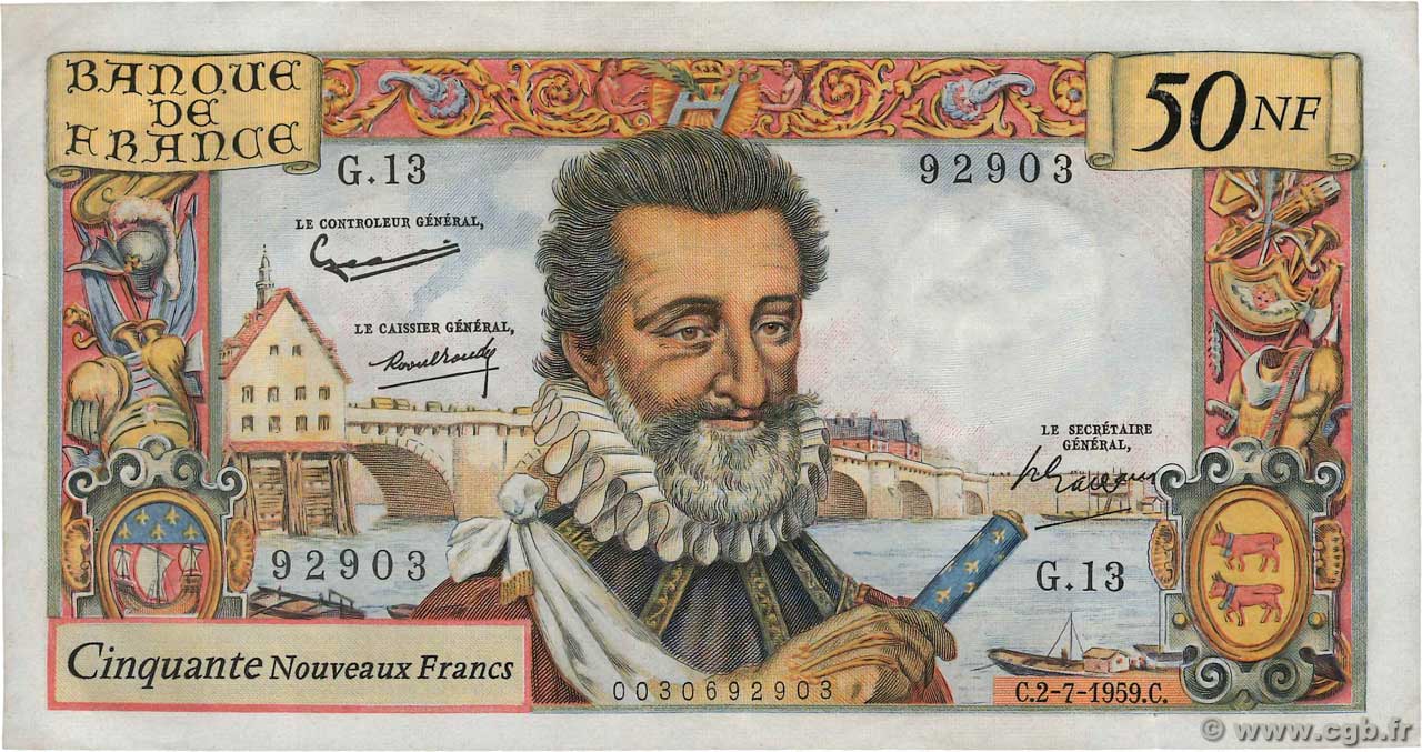 50 Nouveaux Francs HENRI IV FRANCE  1959 F.58.02 VF