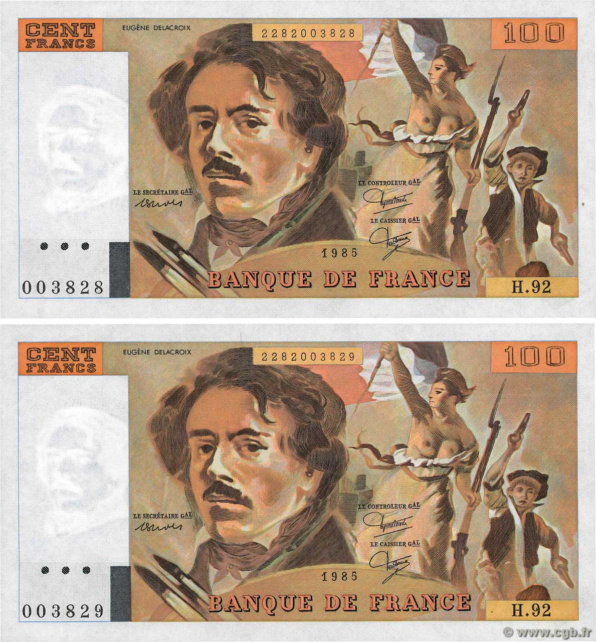 100 Francs DELACROIX modifié Consécutifs FRANCE  1985 F.69.09 AU+