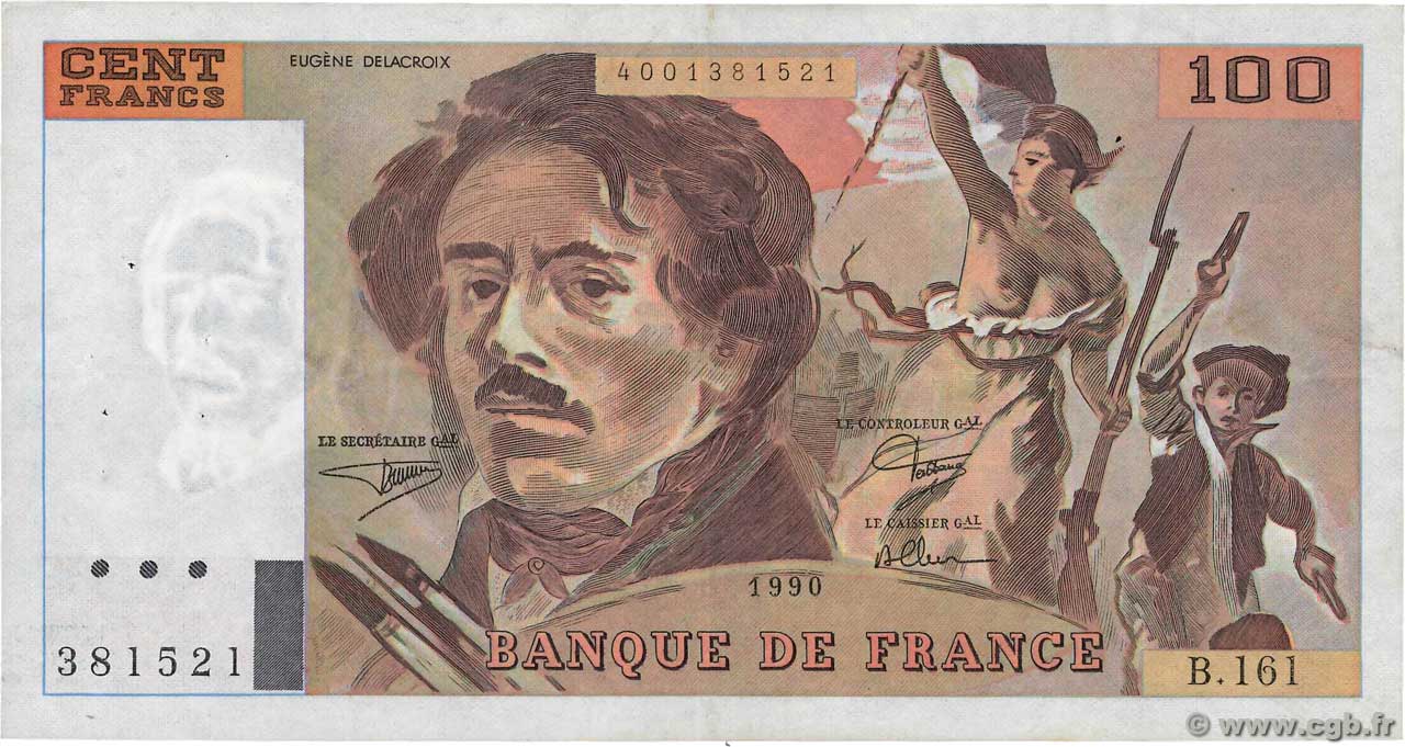 100 Francs DELACROIX imprimé en continu Fauté FRANCIA  1990 F.69bis.02b MBC