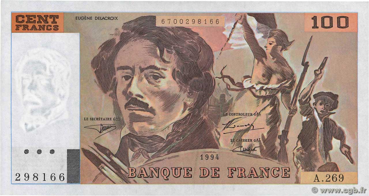 100 Francs DELACROIX 442-1 & 442-2 FRANCIA  1994 F.69ter.01b SC+
