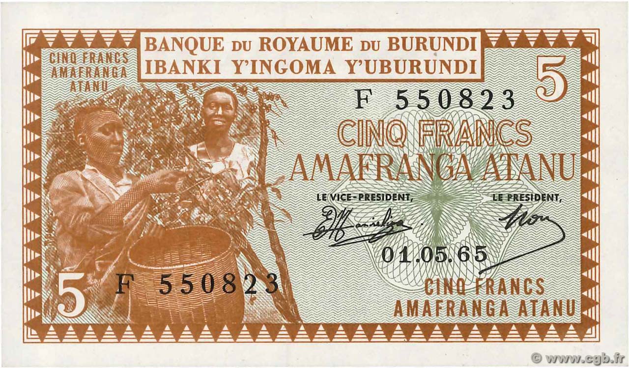 5 Francs BURUNDI  1965 P.08 ST