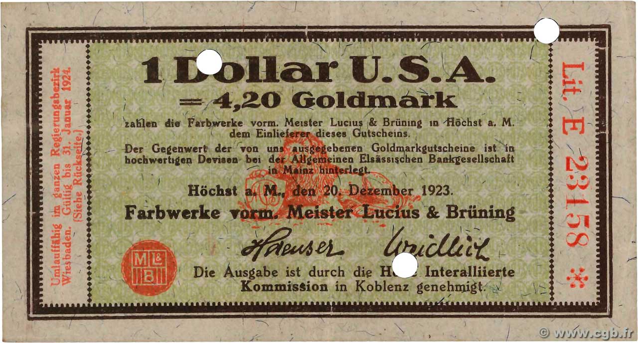 1 Dollar ALLEMAGNE Hochst 1923 Mul.2525.15 SUP+