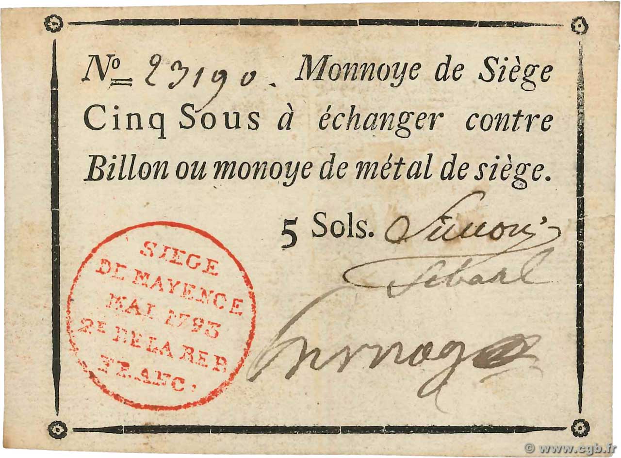 5 Sols FRANCE regionalism and miscellaneous Mayence 1793 Kol.024 VF+
