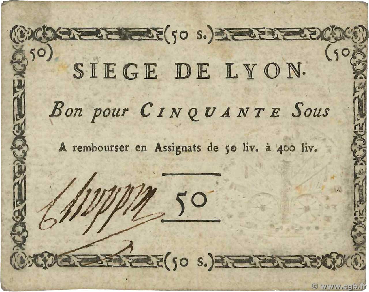 50 Sous FRANCE regionalism and miscellaneous Lyon 1793 Kol.137var XF