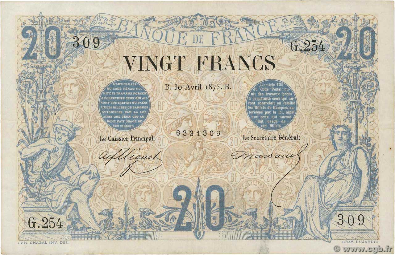20 Francs NOIR FRANCE  1875 F.09.02 VF+