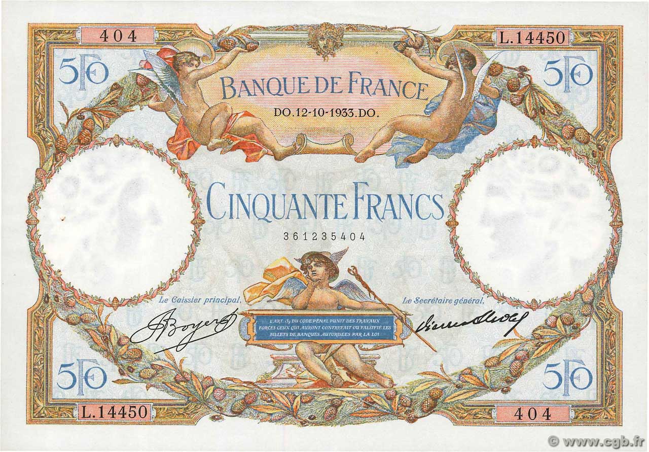 50 Francs LUC OLIVIER MERSON type modifié FRANKREICH  1933 F.16.04 fST