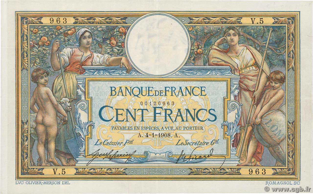 100 Francs LUC OLIVIER MERSON avec LOM Petit numéro FRANCE  1908 F.22.01 pr.SUP