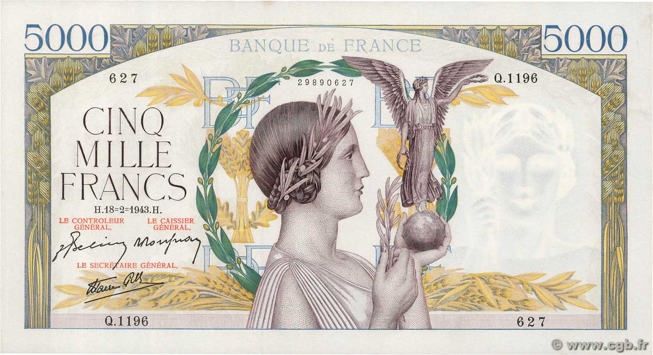 5000 Francs VICTOIRE Impression à plat FRANCE  1943 F.46.48 XF+