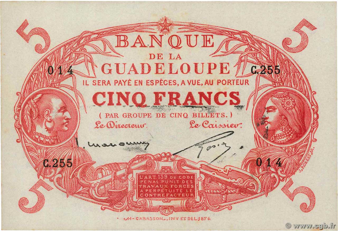 5 Francs Cabasson rouge GUADELOUPE  1943 P.07c fST+