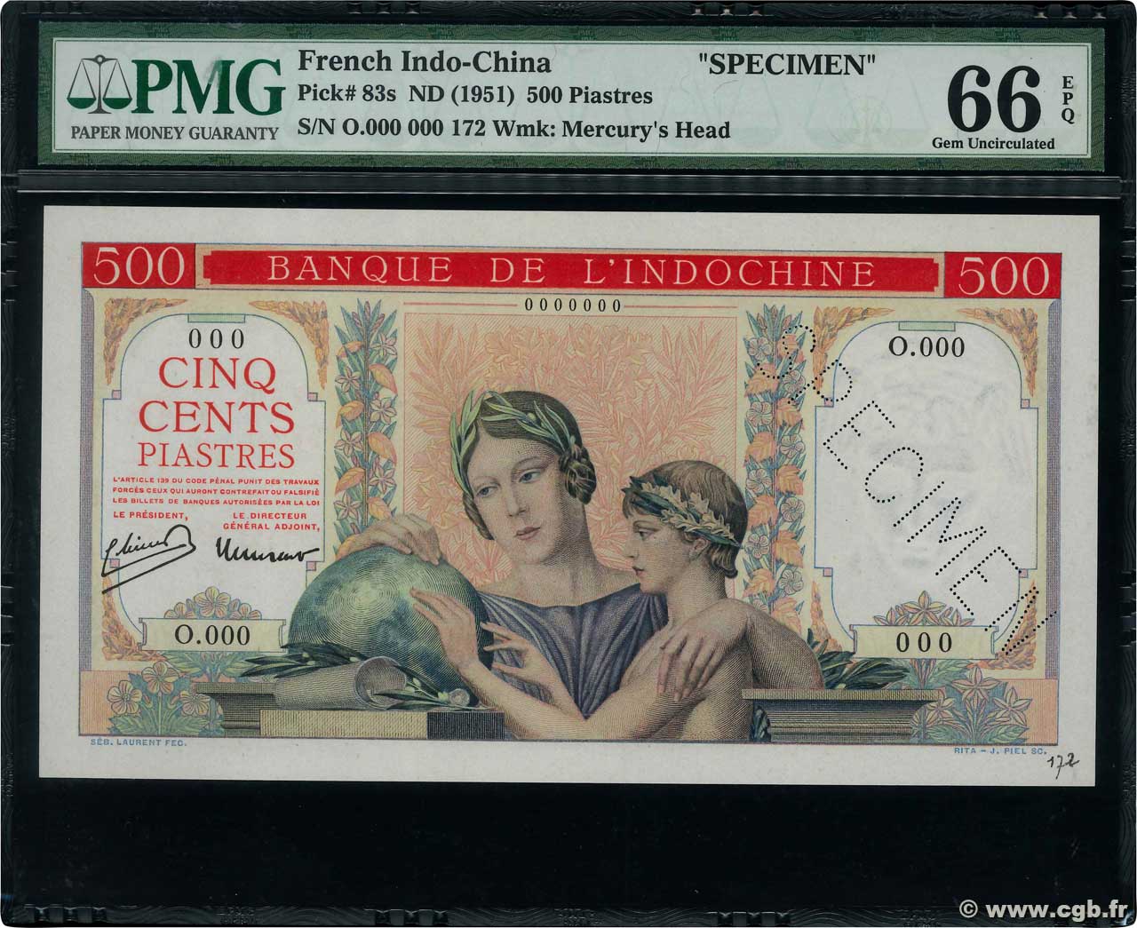 500 Piastres Spécimen FRENCH INDOCHINA  1951 P.083s UNC-
