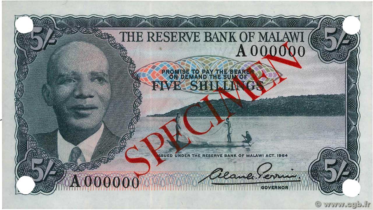 5 Shillings Spécimen MALAWI  1964 P.01s pr.NEUF