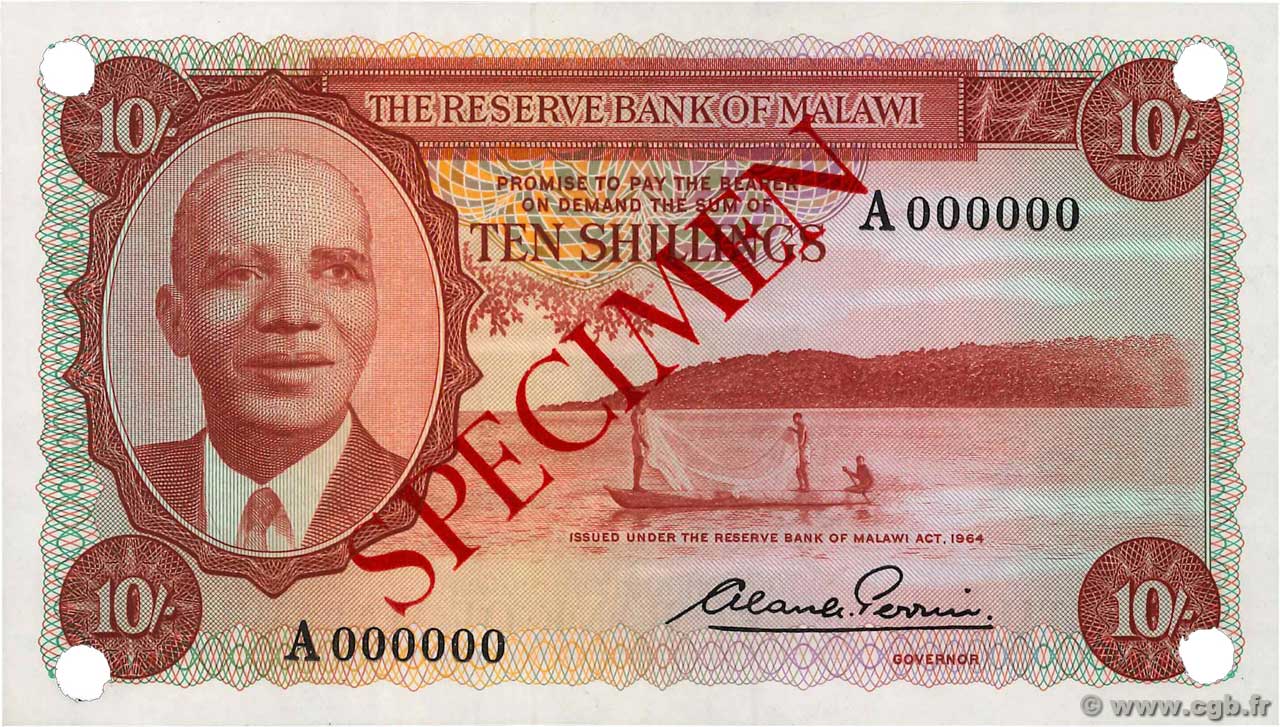 10 Shillings Spécimen MALAWI  1964 P.02s pr.NEUF