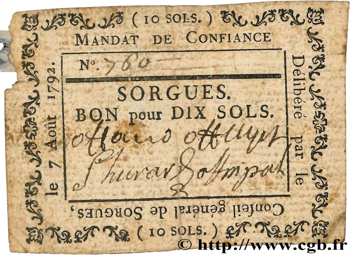 10 Sols FRANCE regionalism and various Sorgues 1792 Kc.13.126 G