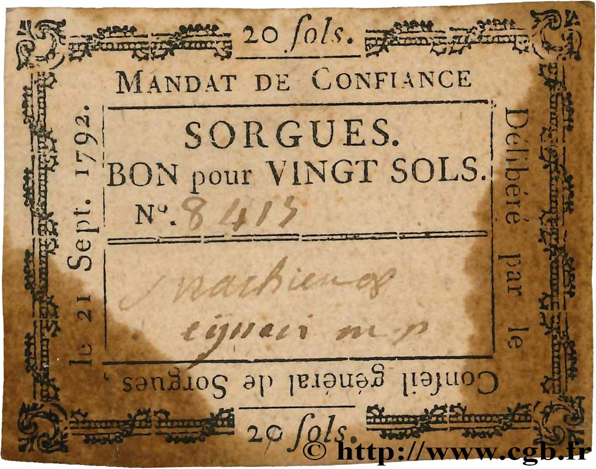 20 Sols FRANCE regionalism and miscellaneous Sorgues 1792 Kc.13.129(var) F