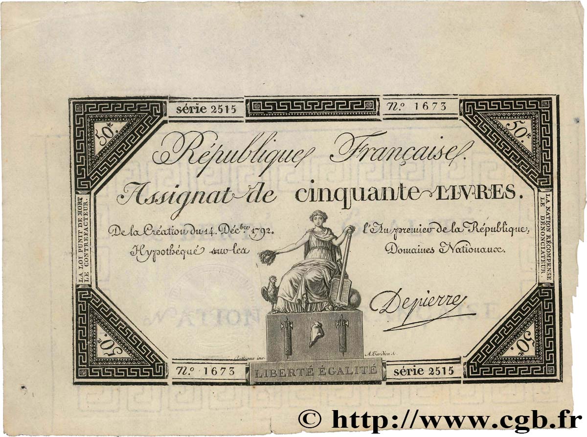 50 Livres FRANCE  1792 Ass.39a XF