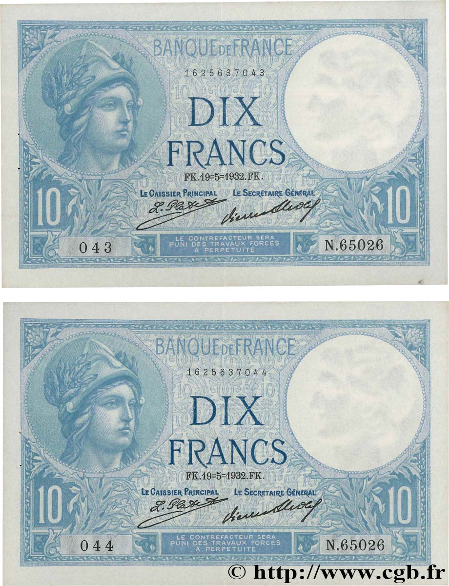 10 Francs MINERVE Consécutifs FRANCE  1932 F.06.16 XF+