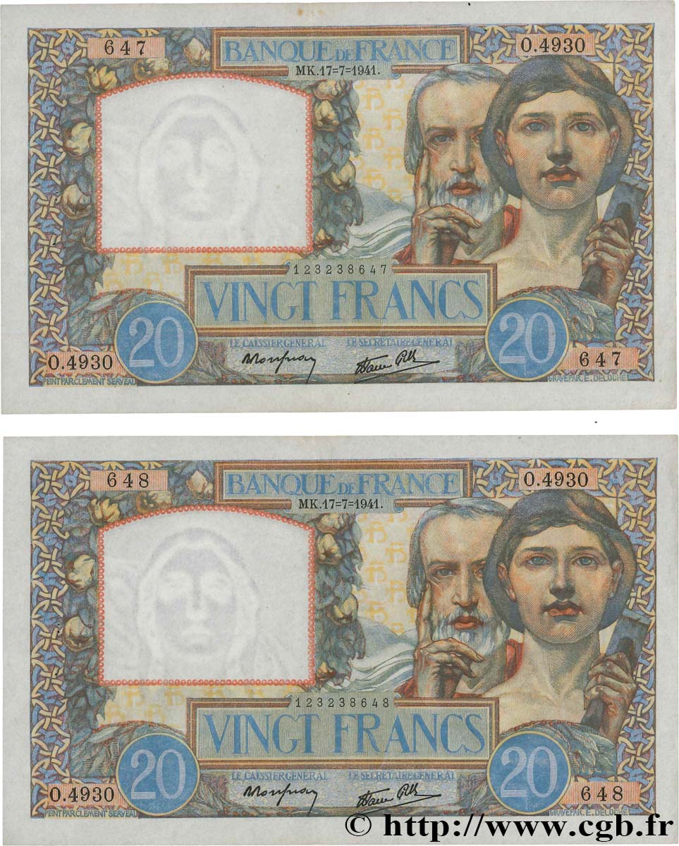 20 Francs TRAVAIL ET SCIENCE Consécutifs FRANCE  1941 F.12.16 XF+