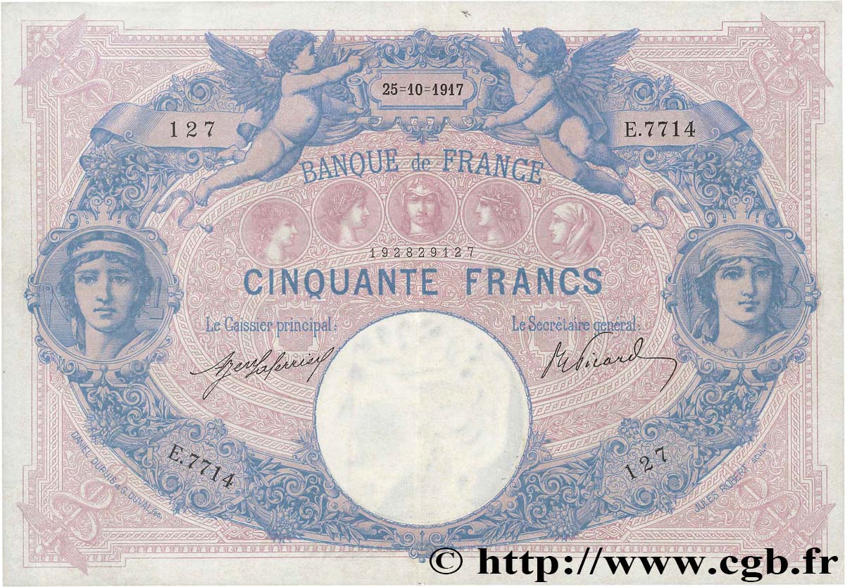 50 Francs BLEU ET ROSE FRANKREICH  1917 F.14.30 VZ