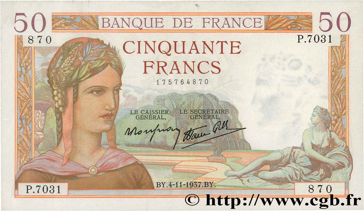 50 Francs CÉRÈS modifié FRANKREICH  1937 F.18.04 VZ