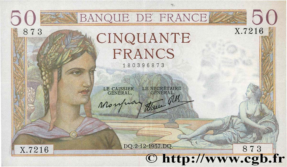 50 Francs CÉRÈS modifié FRANCE  1937 F.18.05 XF