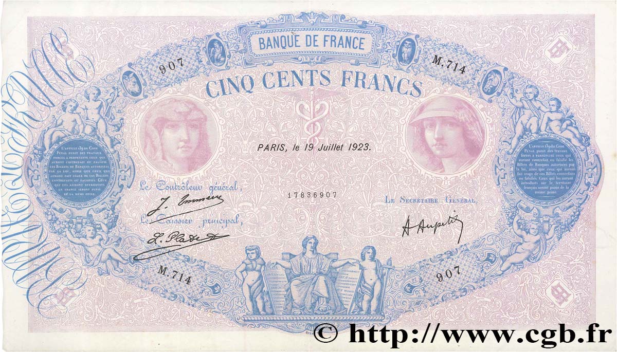 500 Francs BLEU ET ROSE FRANCE  1923 F.30.27 VF+