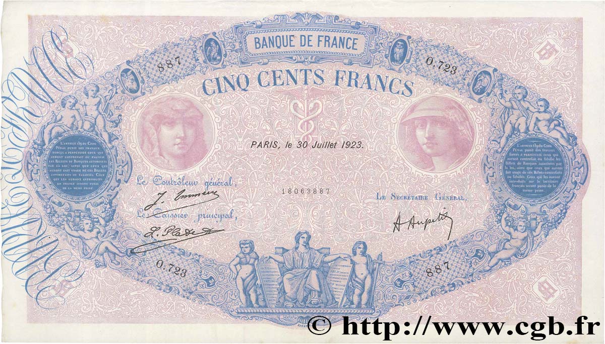 500 Francs BLEU ET ROSE FRANKREICH  1923 F.30.27 VZ