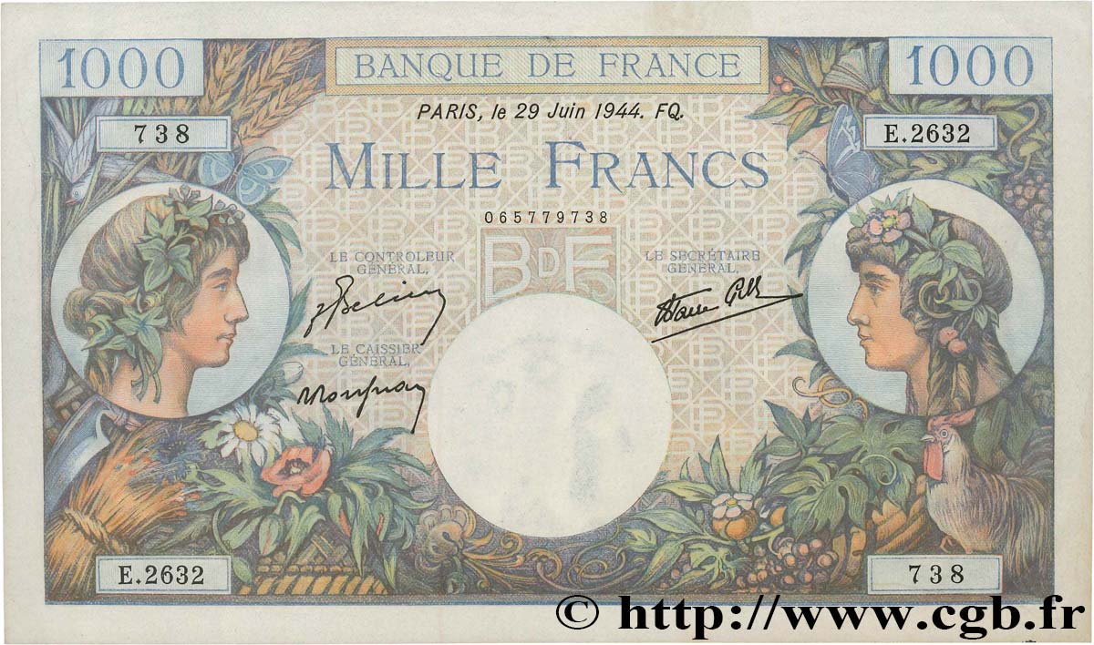 1000 Francs COMMERCE ET INDUSTRIE FRANCIA  1944 F.39.09 SC
